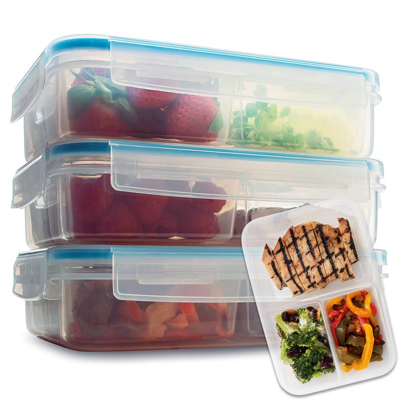 Komax Biokips Set of 5 Lunch Containers â€“ 3 Compartment Food Container for Meal Prep, Portion Control â€“ Microwave & Dishwasher Safe Bento Box Adult Lunch Container w/Locking Lid (37 oz) - Image 1